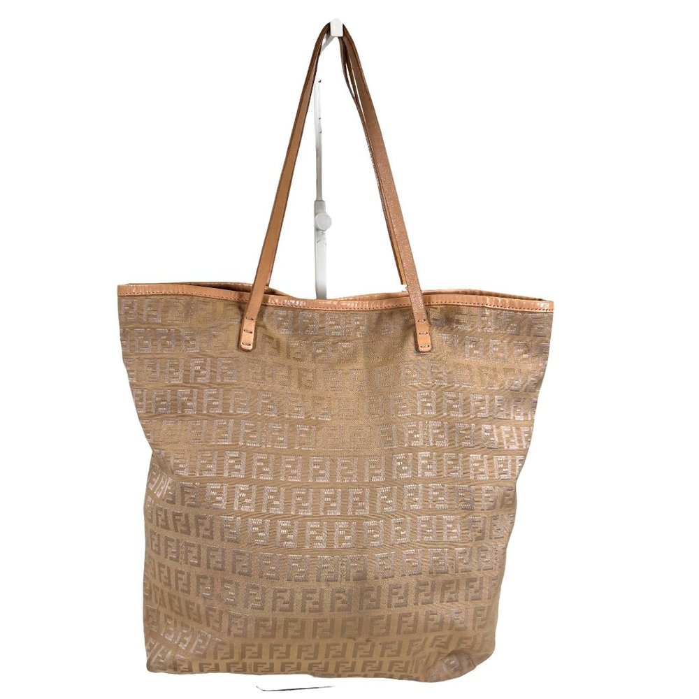 Fendi Beige Monogram Tote Bag with Tan Leather Straps